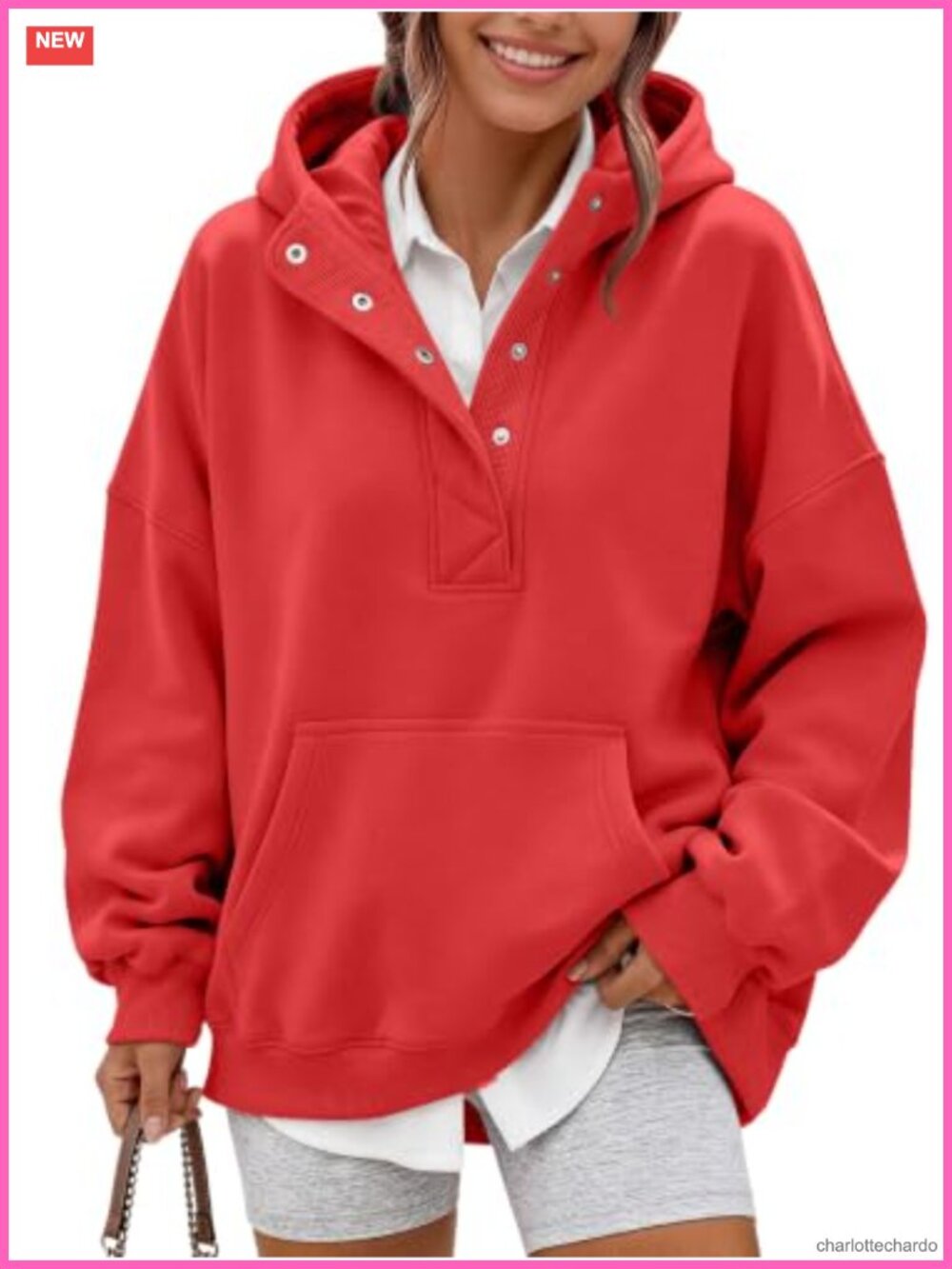 Trendy Queen Women's Oversized Fleece Hoodie Henley Sweatshirt Snap Button